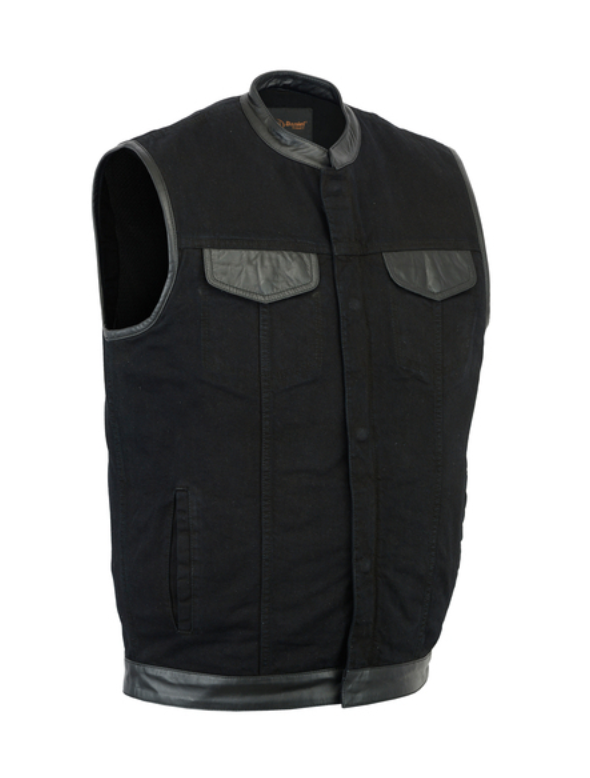 Men's Black Denim Single Panel Concealment Vest W/ Leather